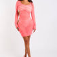 Sexy Cut Out Detailed Long Sleeve Mesh Sheer Dress PINK