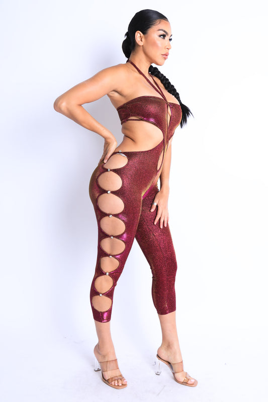 Glittery Cutout Halter Neck Keyhole Sexy Party Jumpsuit FUCHSIA/GOLD