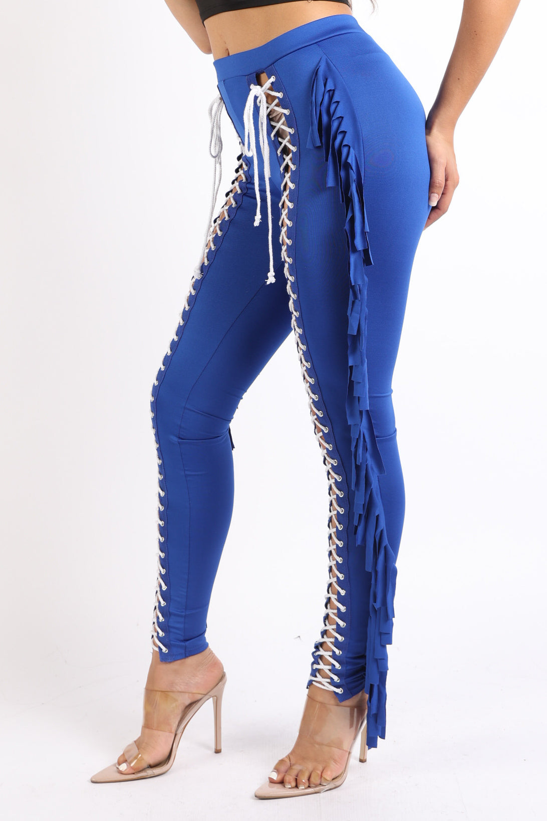 Chic Lace up Detailed Fringe Tassel Pants Leggings ROYAL