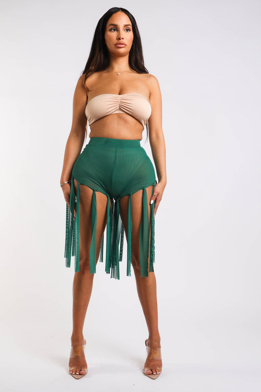 Get Party-Ready with These Fringed Mesh Sexy Shorts GREEN