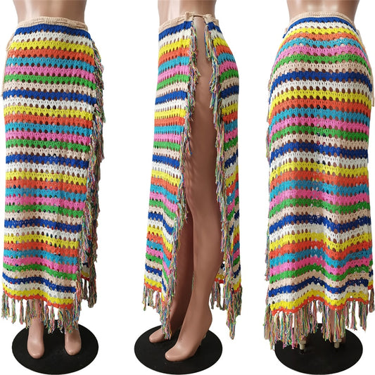 Knitted Crochet Tassel Maxi Skirt