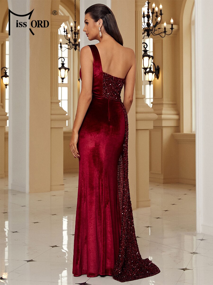 Sequined Velvet Elegance - One Shoulder Draped Gown