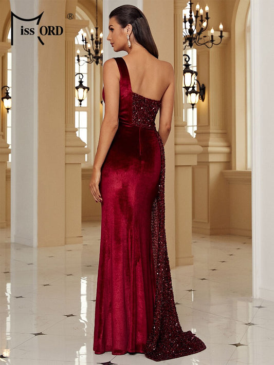 Sequined Velvet Elegance - One Shoulder Draped Gown