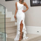 Solid Color One Shoulder Ruched Ruffle Formal Evening Dress