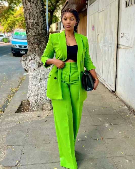 Fashion Green Women Suits Set Blazer+Pants 2 Pcs