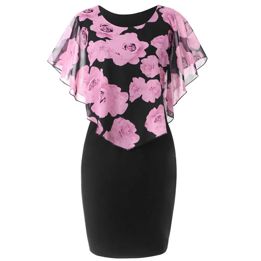 Elegant Lady Rose Flower Print Cape Bodycon Dress