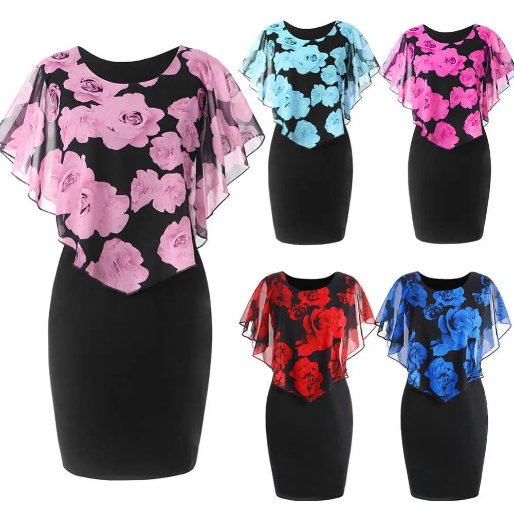 Elegant Lady Rose Flower Print Cape Bodycon Dress