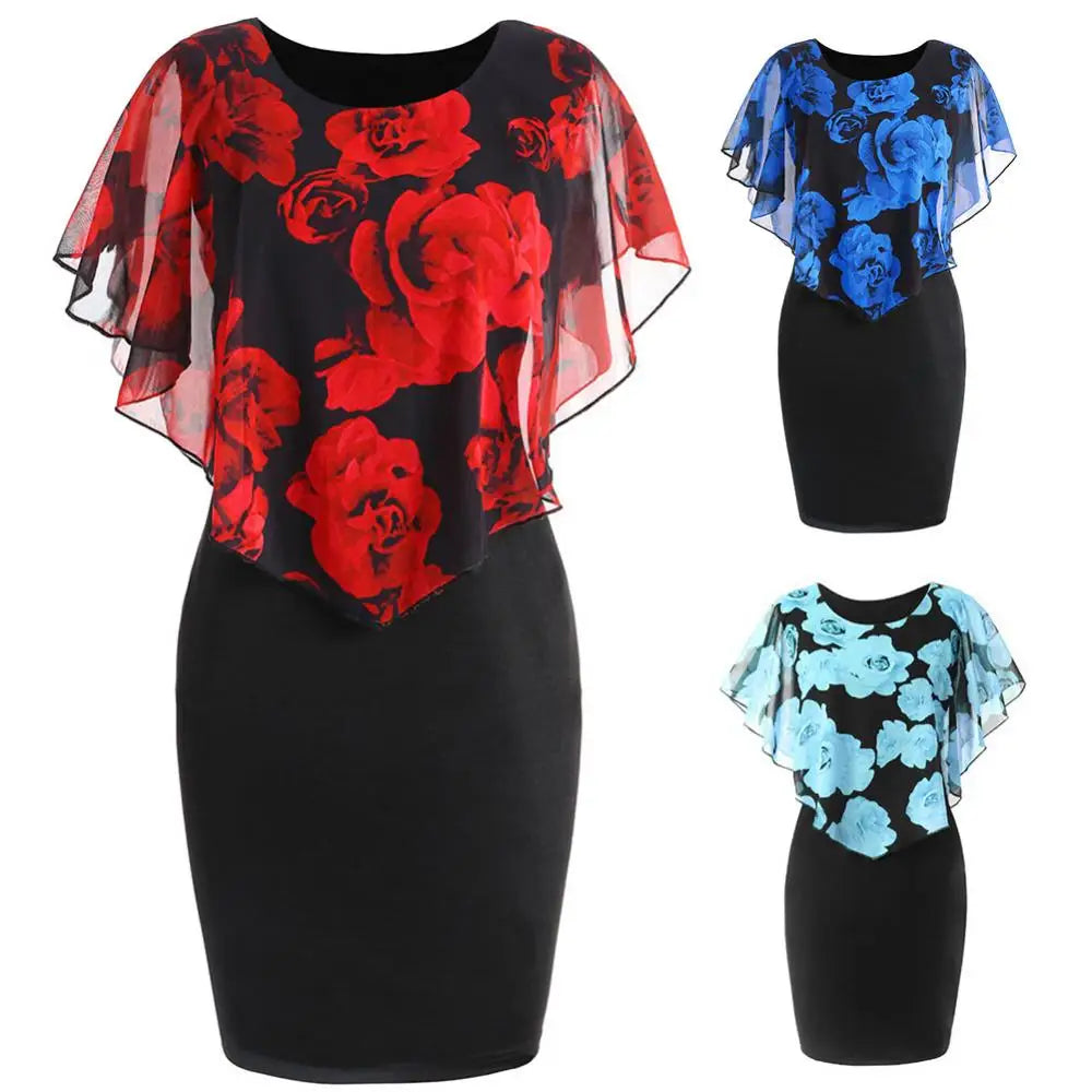 Elegant Lady Rose Flower Print Cape Bodycon Dress