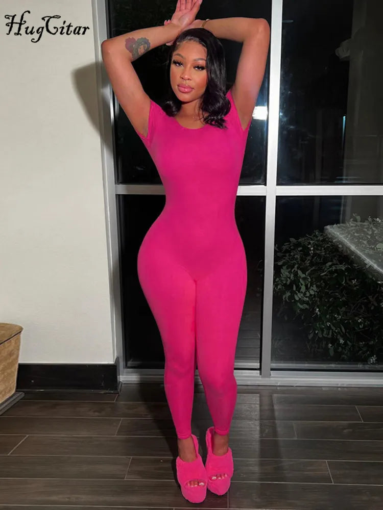 Solid Short Sleeve Backless Sexy Bodycon Skinny One Piece Jumpsuit