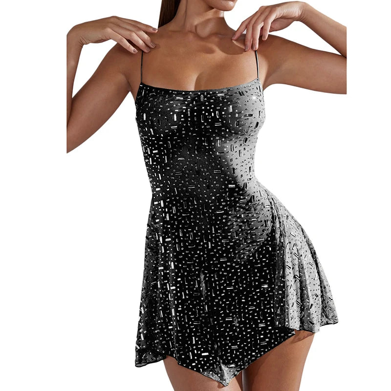 Fashion Glitter High Waist Bodycon Sexy Diamond Backless Spaghetti Strap