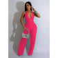 Fashion Ruffles Women Halter Deep V-neck Backless Wide Leg Jumpsuit