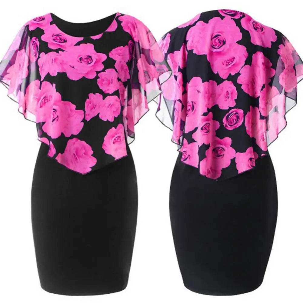 Elegant Lady Rose Flower Print Cape Bodycon Dress