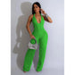 Fashion Ruffles Women Halter Deep V-neck Backless Wide Leg Jumpsuit