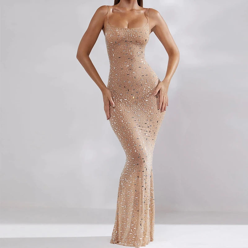 Fashion Glitter High Waist Bodycon Sexy Diamond Backless Spaghetti Strap