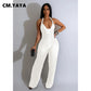 Fashion Ruffles Women Halter Deep V-neck Backless Wide Leg Jumpsuit