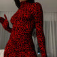 Long Sleeve Leopard Print Skinny Mini Dress With Gloves Bodycon Turtleneck