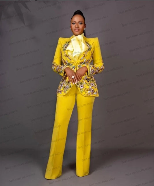 Luxury Crystal Beads Women Wedding Tuxedo Pants Suit Set