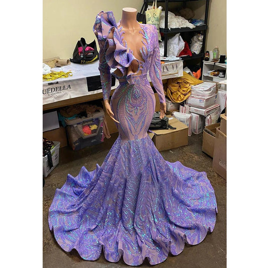 Long Sleeves Purple Mermaid Evening Dress