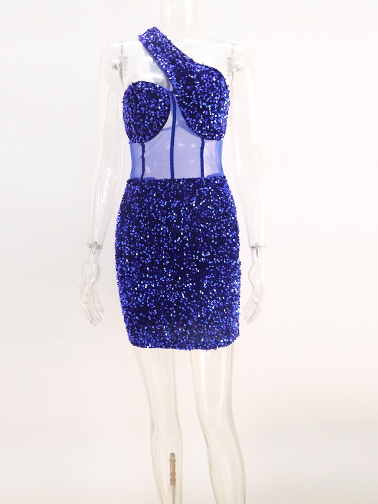 Sequined Mesh Allure - One-Shoulder Sleeveless