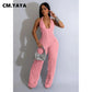 Fashion Ruffles Women Halter Deep V-neck Backless Wide Leg Jumpsuit