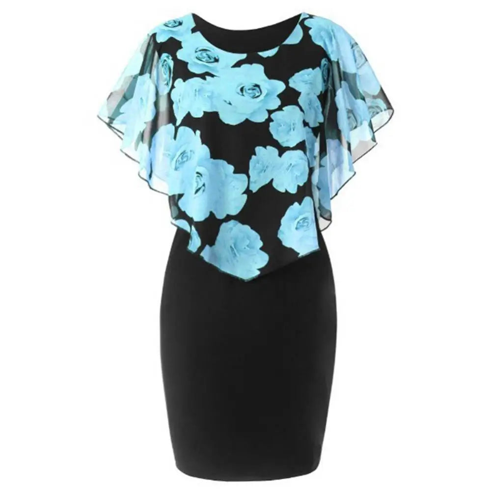 Elegant Lady Rose Flower Print Cape Bodycon Dress