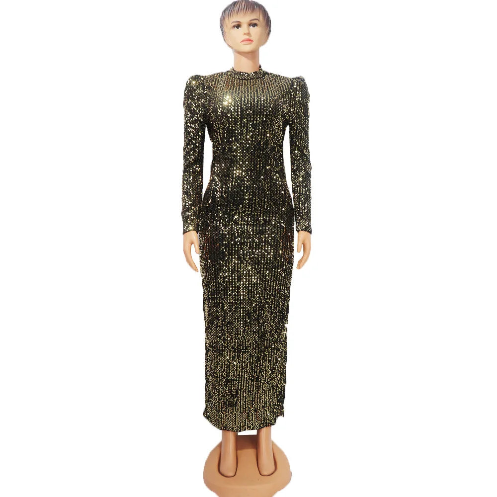 Long Maxi Dress Full Puff Sleeve Dress Sequined