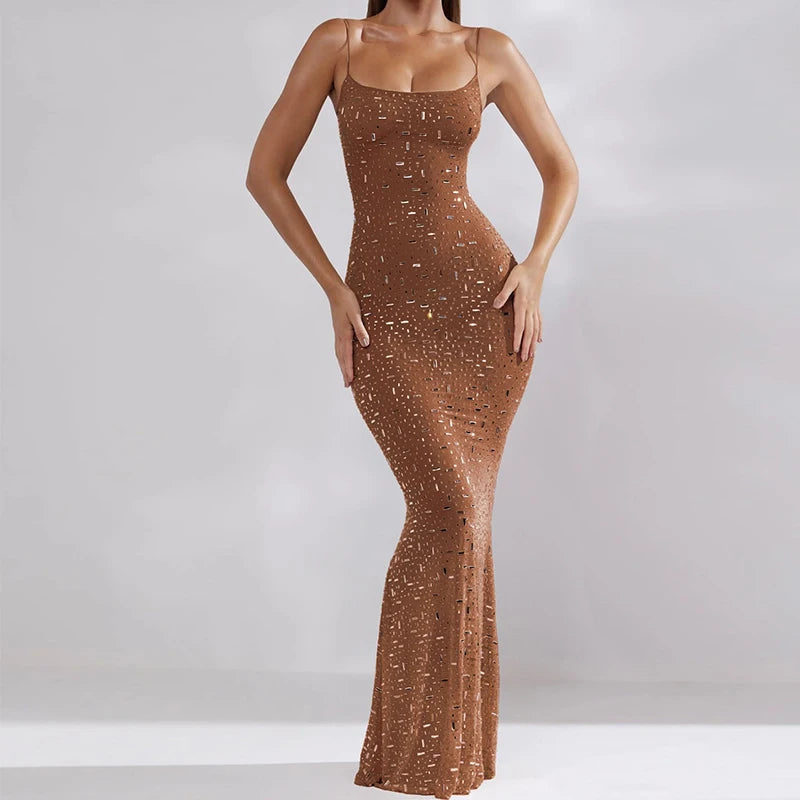 Fashion Glitter High Waist Bodycon Sexy Diamond Backless Spaghetti Strap