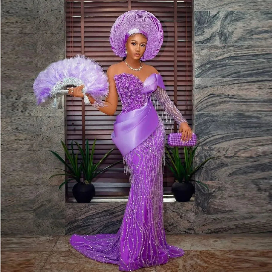 Luxury Beading Aso Ebi Style Prom Dresses Mermaid Long Purple Appliques Evening Dress