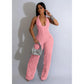 Fashion Ruffles Women Halter Deep V-neck Backless Wide Leg Jumpsuit