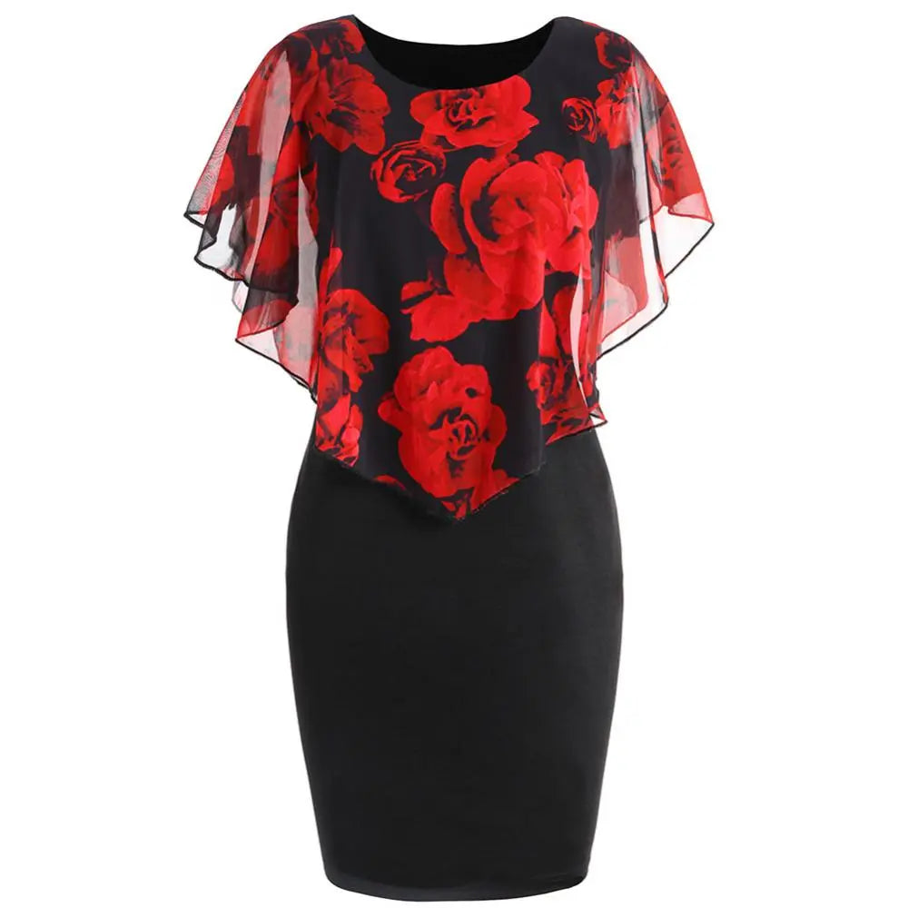 Elegant Lady Rose Flower Print Cape Bodycon Dress