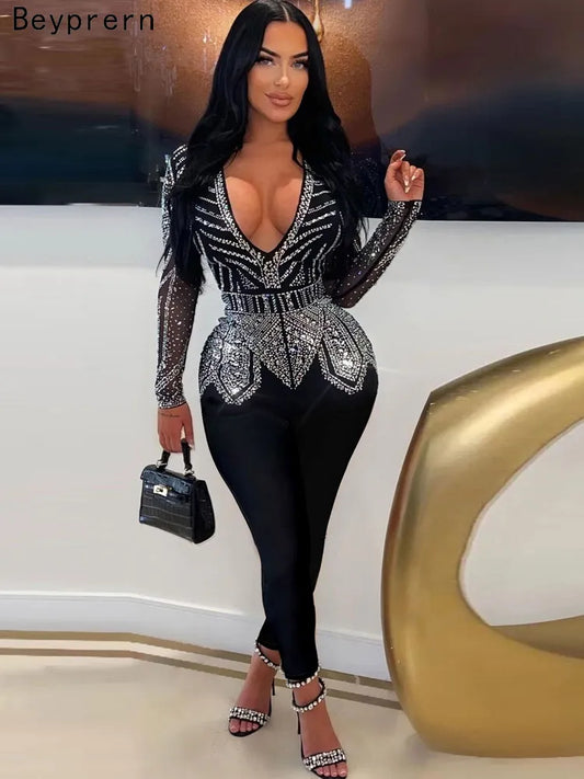 Sparkle Black Rhinestone Long Pants Jumpsuit