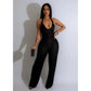 Fashion Ruffles Women Halter Deep V-neck Backless Wide Leg Jumpsuit
