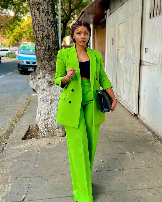 Fashion Green Women Suits Set Blazer+Pants 2 Pcs