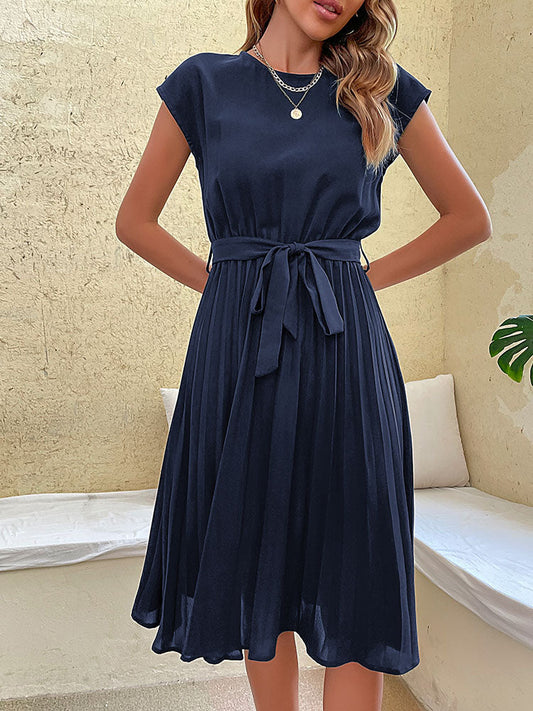 Sun-Kissed Elegance - Pleated O-Neck Midi Tunic