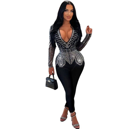 Sparkle Black Rhinestone Long Pants Jumpsuit