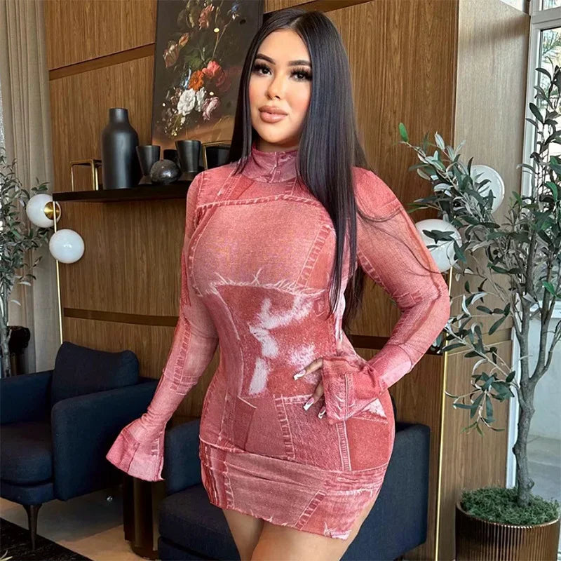 Long Sleeve Print Bodycon Short Mini Split Dress