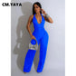 Fashion Ruffles Women Halter Deep V-neck Backless Wide Leg Jumpsuit
