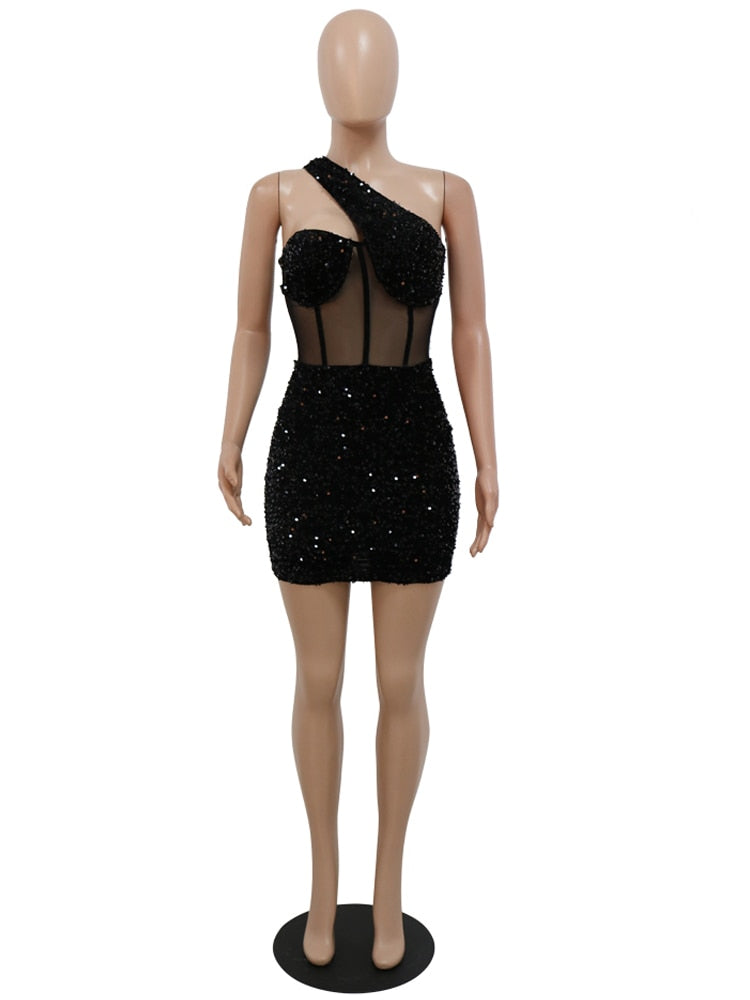 Sequined Mesh Allure - One-Shoulder Sleeveless