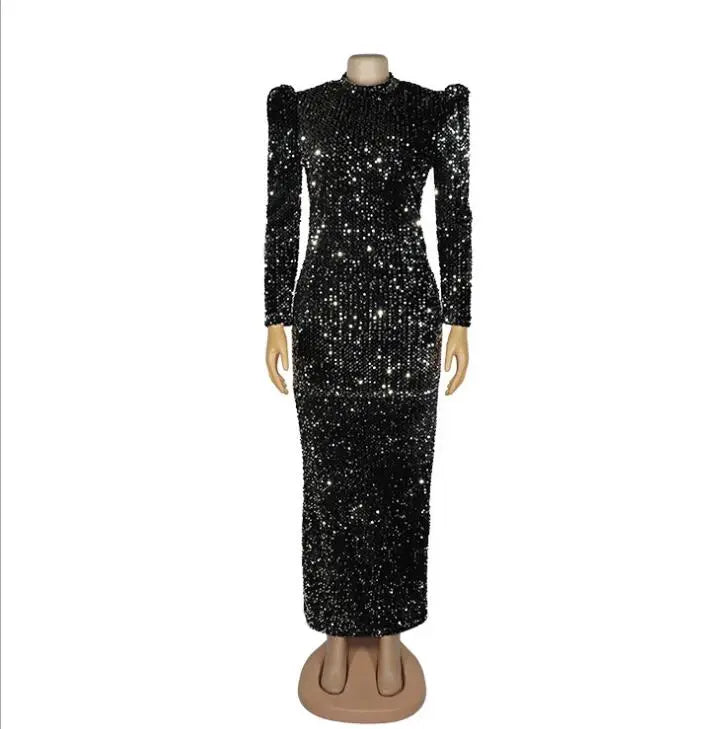 Long Maxi Dress Full Puff Sleeve Dress Sequined