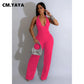 Fashion Ruffles Women Halter Deep V-neck Backless Wide Leg Jumpsuit