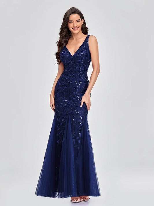 Sleeveless Embroidered Beaded Fabric Ballgown V Neck