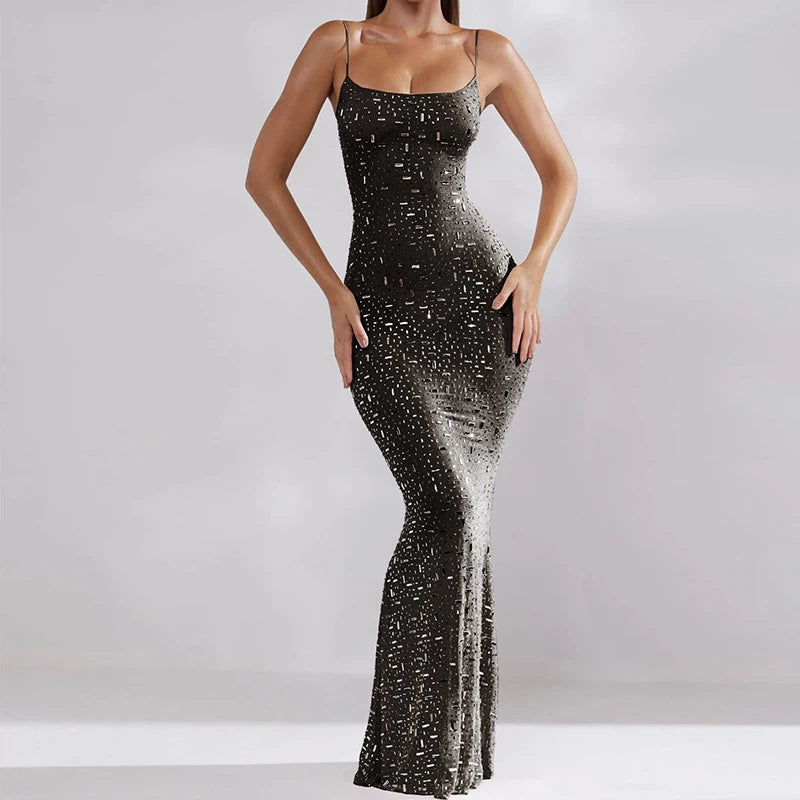 Fashion Glitter High Waist Bodycon Sexy Diamond Backless Spaghetti Strap