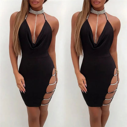 Sexy Deep V Neck Low-cut Side Split Silver Collar Bodycon Dress