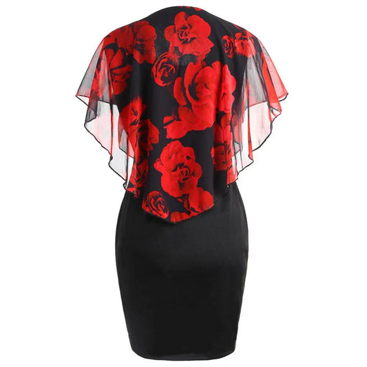 Elegant Lady Rose Flower Print Cape Bodycon Dress