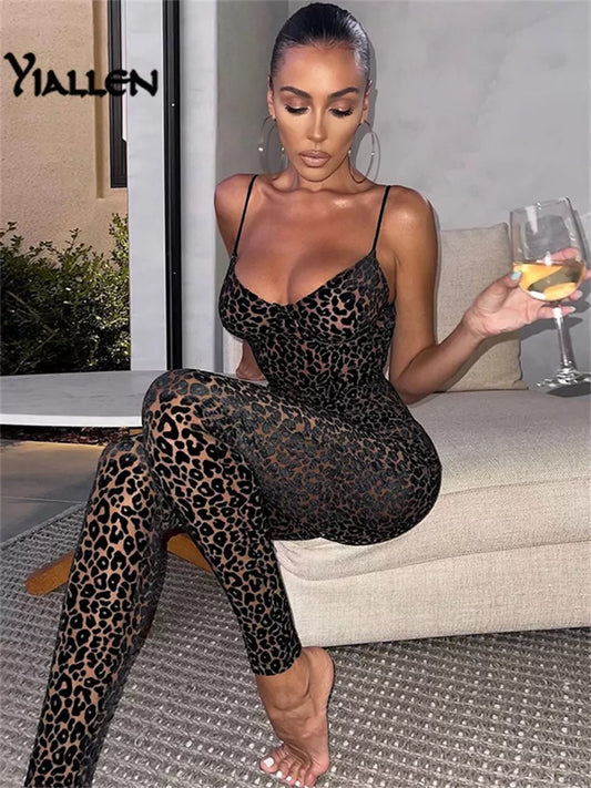 Leopard Print Sexy V Neck Skinny Jumpsuit