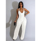 Fashion Ruffles Women Halter Deep V-neck Backless Wide Leg Jumpsuit