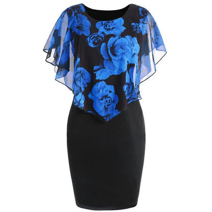 Elegant Lady Rose Flower Print Cape Bodycon Dress