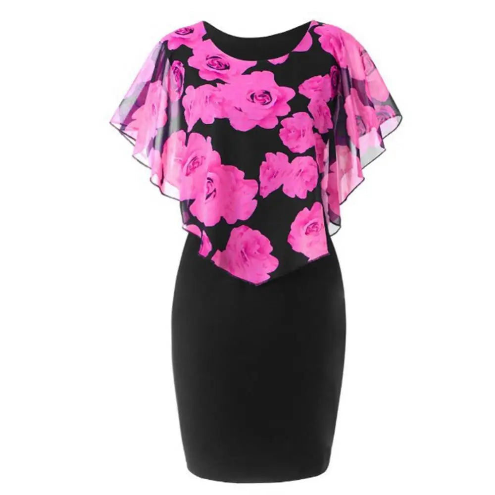 Elegant Lady Rose Flower Print Cape Bodycon Dress