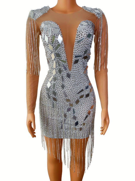 Silver Mirror Crystal Chain Mesh Dress