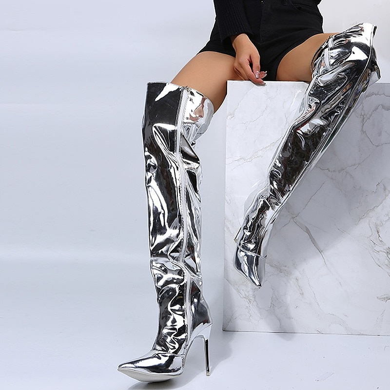 Women Boots Silver Pointy Toe High Thin Heels